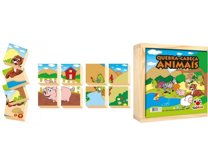 Kit 4 Quebra-Cabeças de Animais Madeira Infantil Pedagógico